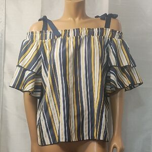 Tempted Blue and Yellow Flutter Sleeve Ruffled Blouse